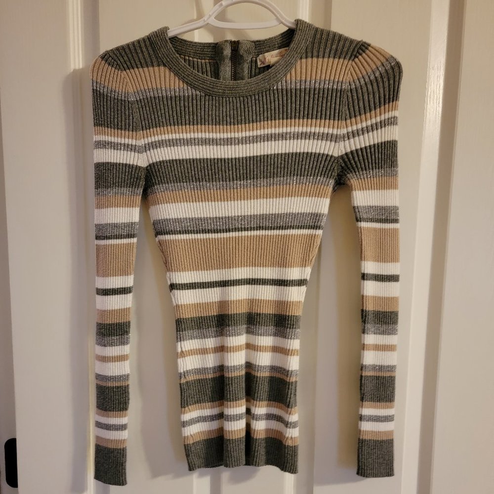 Fitted Grey, Tan, White, and Silver Striped Shirt, S